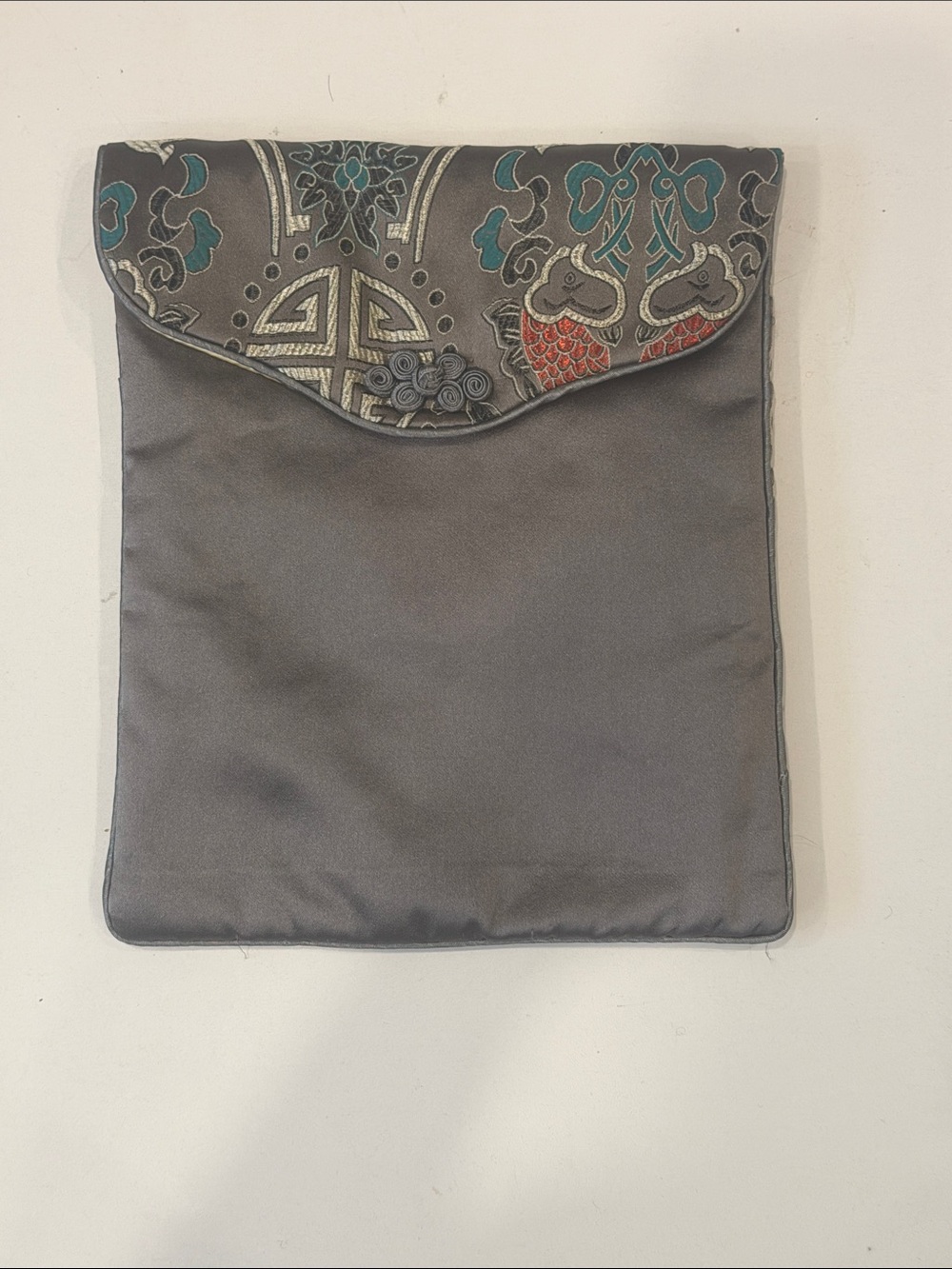 Gray Chinoise Brocade Satin Embroidered Envelope Clutch - Unbranded